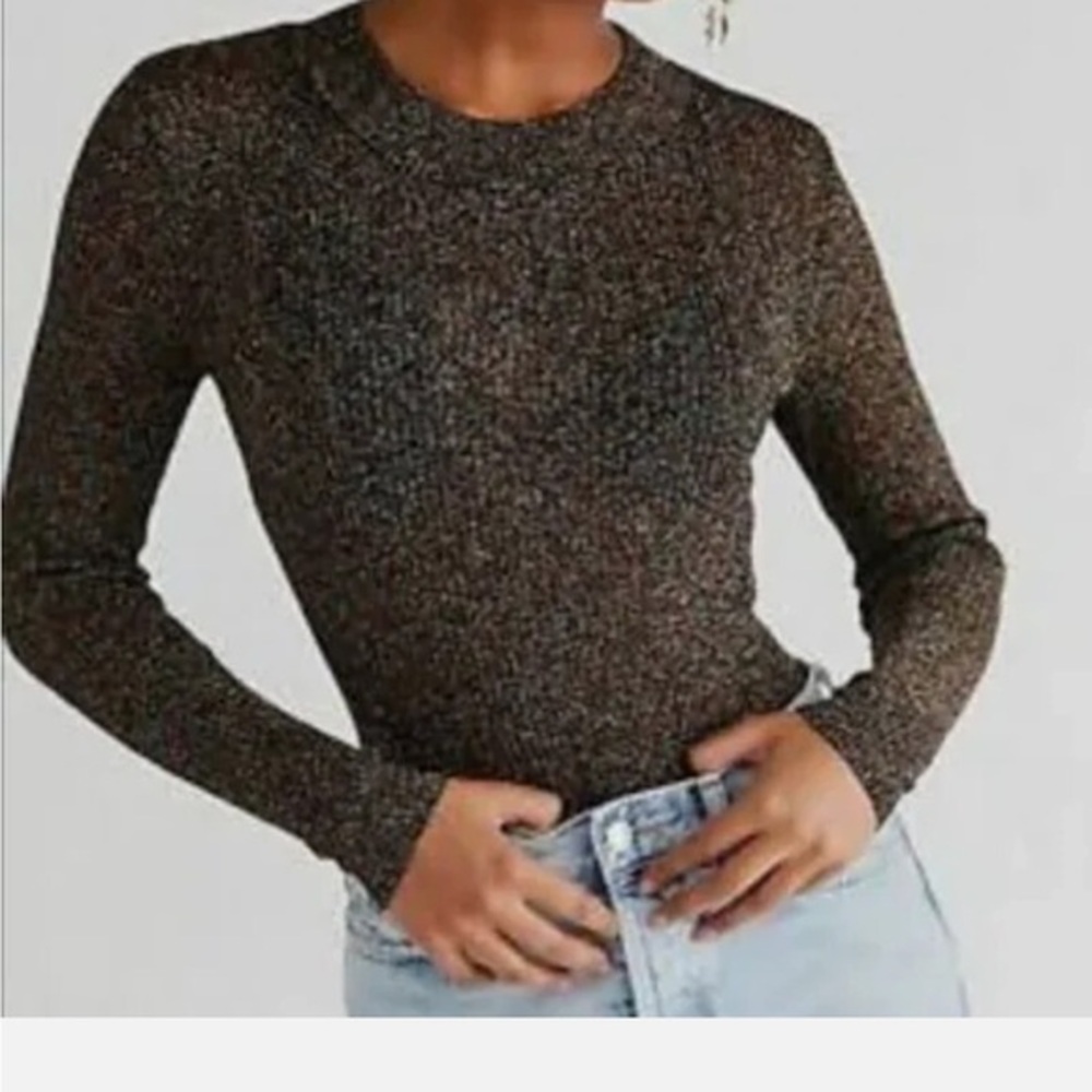 NEW Free People Black Sparkle Glittery Long Sleeve Bodysuit L